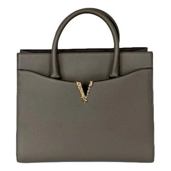 Versace | Women's Virtus Calfskin Leather Medium Top Handle Tote Bag In Taupe Grey