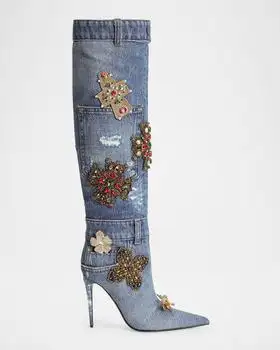 Dolce & Gabbana | 105mm Embellished Patchwork Denim Knee-High Boots
