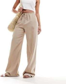 Cotton On drawstring straight leg linen blend trousers in taupe
