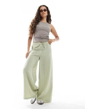Stradivarius Petite linen look wide leg trouser in khaki stripe
