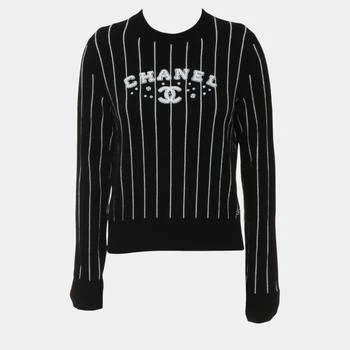Chanel | Chanel Black Crew Neck Stripes Logo Sweater S