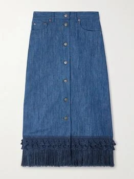 Valentino | Tasseled Fringed Denim Midi Skirt - Navy - IT36