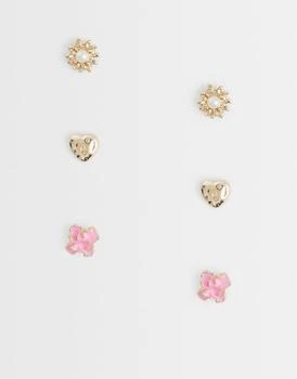 ASOS ASOS DESIGN pack of 3 studs with mixed sun, heart and flowers in pink and gold tone