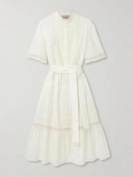 Valentino | Belted Lace-trimmed Pintucked Cotton-poplin Midi Dress  - IT36