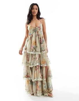 Miss Selfridge Petite race day chiffon tiered maxi dress in green floral print