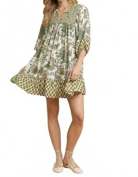Mixed Print 3/4 Sleeve Dress In Sage Mix