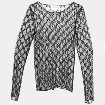 Gucci | Gucci Black GG Embroidered Tulle Long Sleeve Sheer Top S