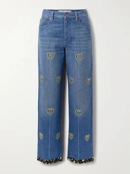 Valentino | Embroidered Embellished High-rise Straight-leg Jeans - Dark denim