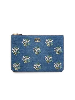 Valentino VLogo Signature Clutch Bag in Denim with Floral Embroidery