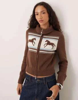 Abercrombie 
Fitch double zip foldover collar horse graphic cardigan in brown