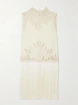 Adelina Tie-side Fringed Lace-paneled Woven Top - Cream