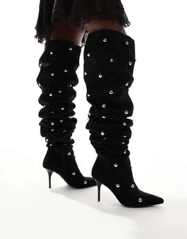 ASOS DESIGN Karma studded heeled over the knee boots in black