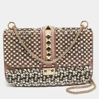 Valentino | Valentino Light Pink Leather Medium Rockstud Glam Crystals Embellished Lock Flap Bag