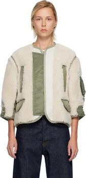 Sacai | Beige & Khaki Faux-Shearling & Nylon Twill Jacket
