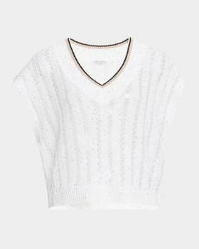 Brunello Cucinelli | V-Neck Tipped Linen Paillette Lattice Knit Sweater