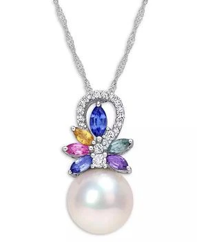 Macy's | Cultured Freshwater Pearl (9-1/2mm), Multi-Sapphire (7/8 ct. t.w.) & Diamond (1/20 ct. t.w.) 17" Pendant Necklace in 14k White Gold