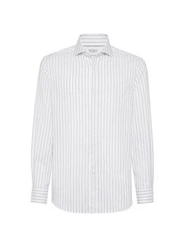 Brunello Cucinelli | Textured Striped Cotton Easy Fit Shirt with Spread Collar
