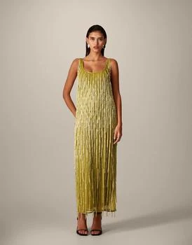 ARRANGE beaded fringe scoop neck midi dress in olive