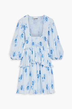 Ganni Shirred floral-print crepe de chine mini dress