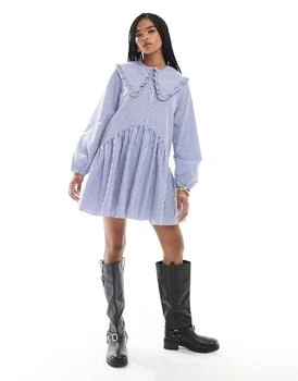 Miss Selfridge stripe oversized collar smock dress in blue stripe