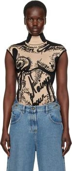 Balmain | Black 
Beige Jacquard Knit Torso Motif Bodysuit