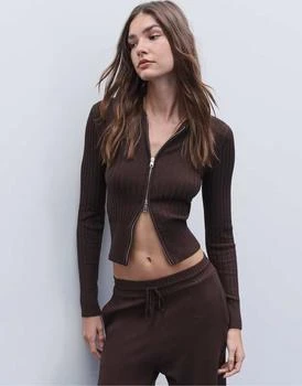 Stradivarius Zip-up knit cardigan in brown