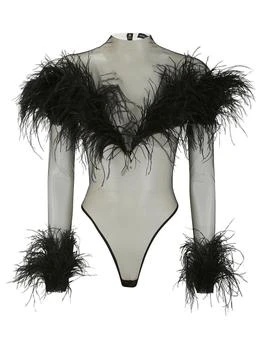 Mugler Feather-Trim Semi-Sheer Bodysuit
