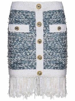 Balmain | Balmain Buttoned Denim Fringed Tweed Mini Skirt