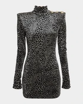 Balmain | Leopard Velvet Button Strong-Shoulder Mini Dress