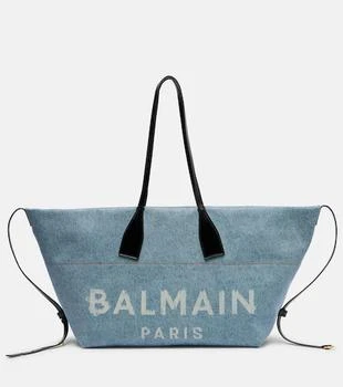 Balmain | Track leather-trimmed denim tote bag