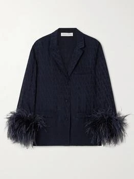 Valentino | Feather-trimmed Silk Satin-jacquard Shirt - Navy - IT42