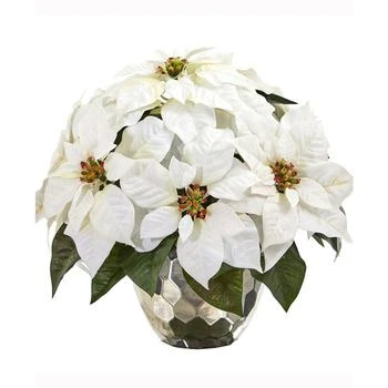 Nearly Natural 14in. Poinsettia Artificial Arrangement in Designer Silver Bowl