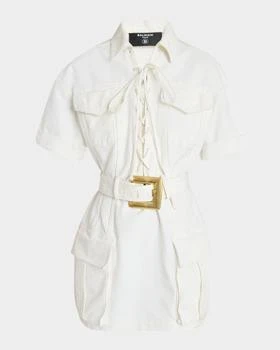 Balmain | Lace-Up Canvas Denim Mini Dress with Belt