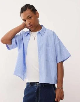 Reclaimed Vintage short sleeve boxy shirt in blue pinstripe