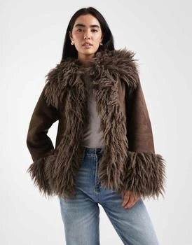 ASOS DESIGN penny lane faux fur trim coat in brown