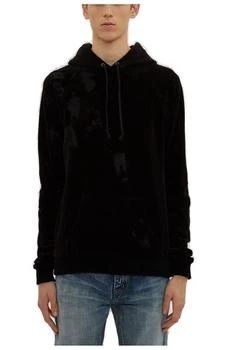 Saint Laurent Distressed Effect Drawstring Velvet Hoodie