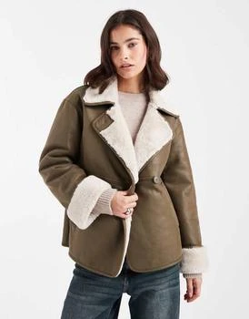 New Look contrast trim bonded jacket in khaki