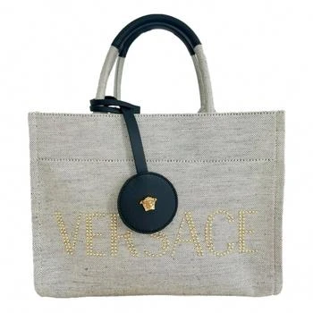 Versace | Women's Canvas Studded Logo Mini Tote Bag In Ecru