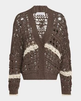 Brunello Cucinelli | Stripe Cotton-Jute Open Knit V-Neck Cardigan