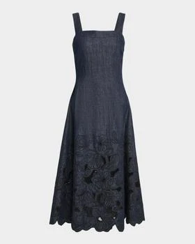 Rosaura Floral-Embroidered Denim Midi Dress