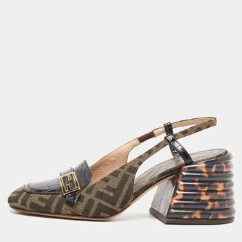 Fendi | Fendi Tobacco/Black Croc Embossed Leather and Canvas Promenade FF Motif Slingback Sandals Size 38
