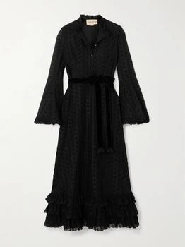 Valentino | Belted Tiered Velvet-trimmed Broderie Anglaise Cotton Midi Dress  - IT36