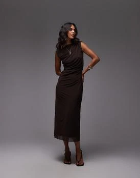 & Other Stories mesh midi dress with drape detail in dark brown