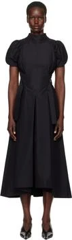 Black Puff Sleeve Poplin Flare Midi Dress
