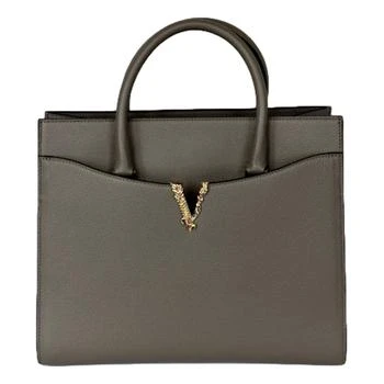 Versace | Women's Virtus Calfskin Leather Medium Top Handle Tote Bag In Taupe Grey