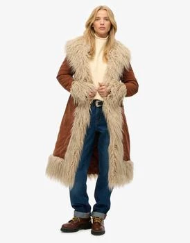 Superdry Long afghan coat in rustic chestnut brown