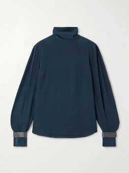 Brunello Cucinelli | Bead-embellished Silk Crepe De Chine Turtleneck Blouse - Navy