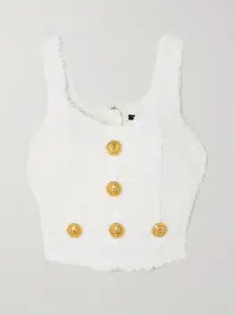 Balmain | Button-embellished Bouclé-tweed Top