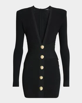 Balmain | Buttoned Plunging Rib Knit Mini Dress