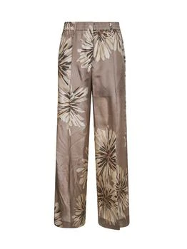 Brunello Cucinelli | BRUNELLO CUCINELLI | Khaki silk Bloom Print pongée Sartorial Track trousers with monili | Women | 40
